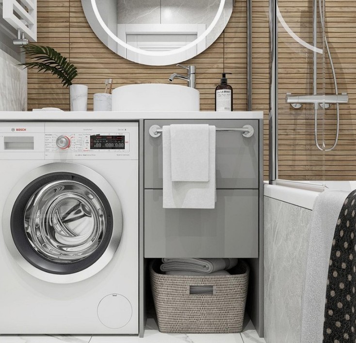 Советы для ванной комнаты: как совместить стиральную машину, хранение и зону ухода