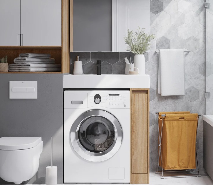 Советы для ванной комнаты: как совместить стиральную машину, хранение и зону ухода